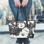 Monochrome Daisy Flower Print Leather Tote Bag