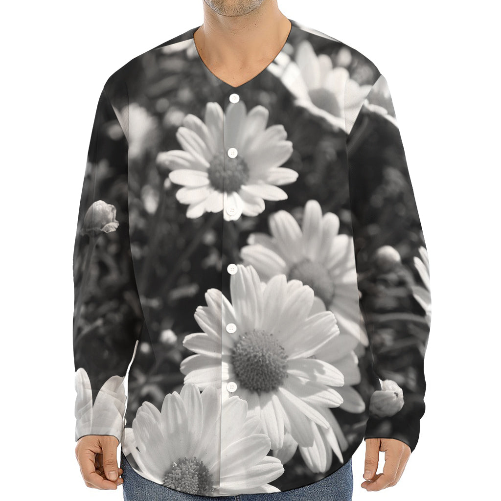 Monochrome Daisy Flower Print Long Sleeve Baseball Jersey