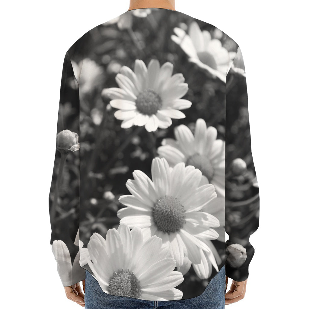 Monochrome Daisy Flower Print Long Sleeve Baseball Jersey