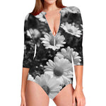 Monochrome Daisy Flower Print Long Sleeve Swimsuit