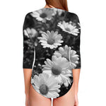 Monochrome Daisy Flower Print Long Sleeve Swimsuit