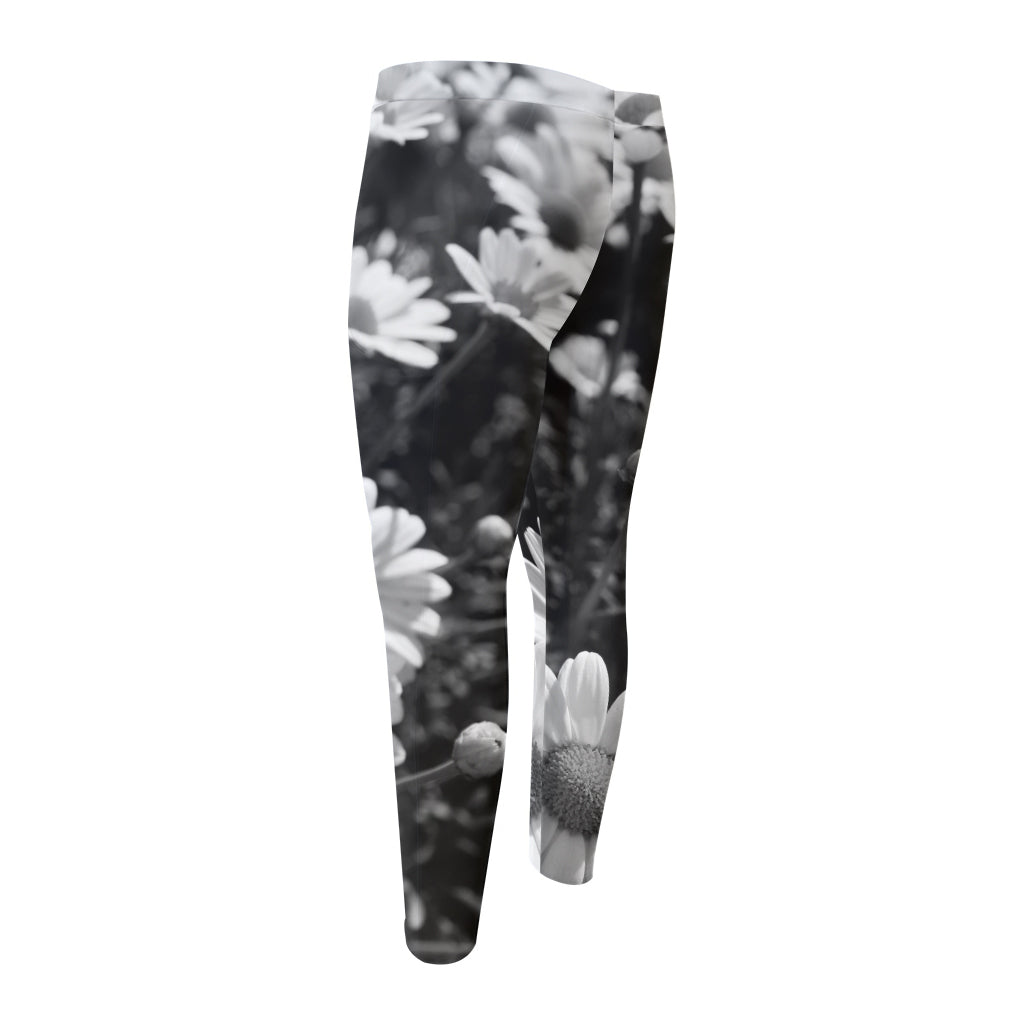 Monochrome Daisy Flower Print Men's Compression Pants