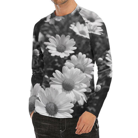 Monochrome Daisy Flower Print Men's Long Sleeve Rash Guard