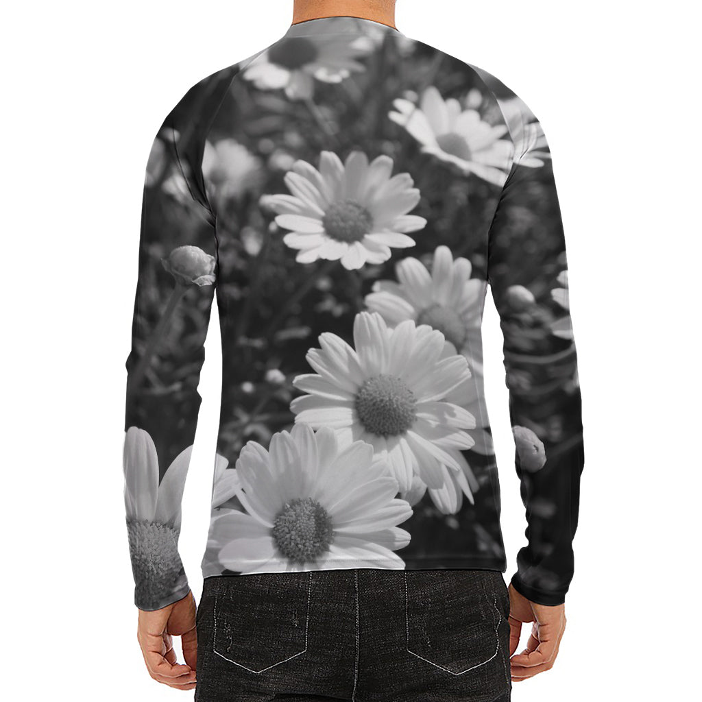 Monochrome Daisy Flower Print Men's Long Sleeve Rash Guard