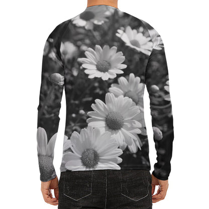 Monochrome Daisy Flower Print Men's Long Sleeve Rash Guard