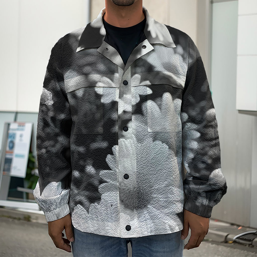 Monochrome Daisy Flower Print Men's Shirt Jacket