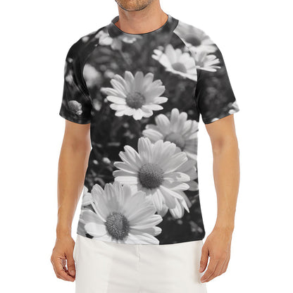 Monochrome Daisy Flower Print Men's Short Sleeve Rash Guard