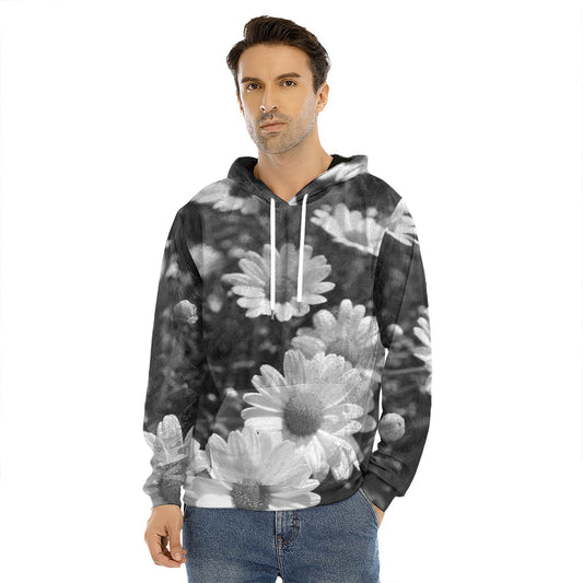 Monochrome Daisy Flower Print Men's Velvet Pullover Hoodie