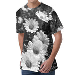 Monochrome Daisy Flower Print Men's Velvet T-Shirt