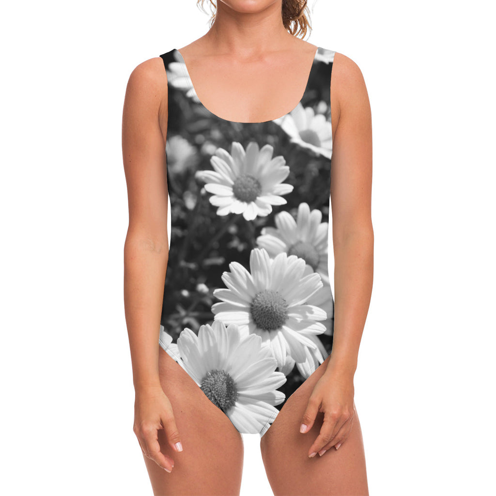 Monochrome Daisy Flower Print One Piece Swimsuit