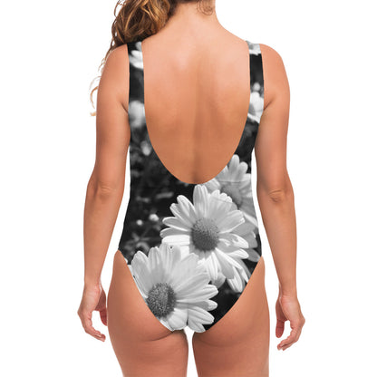 Monochrome Daisy Flower Print One Piece Swimsuit