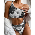 Monochrome Daisy Flower Print One Shoulder Bikini Set