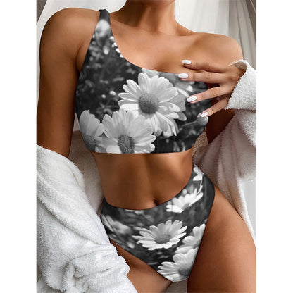 Monochrome Daisy Flower Print One Shoulder Bikini Top