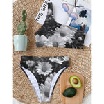 Monochrome Daisy Flower Print One Shoulder Bikini Top