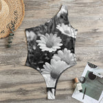Monochrome Daisy Flower Print One Shoulder Bodysuit