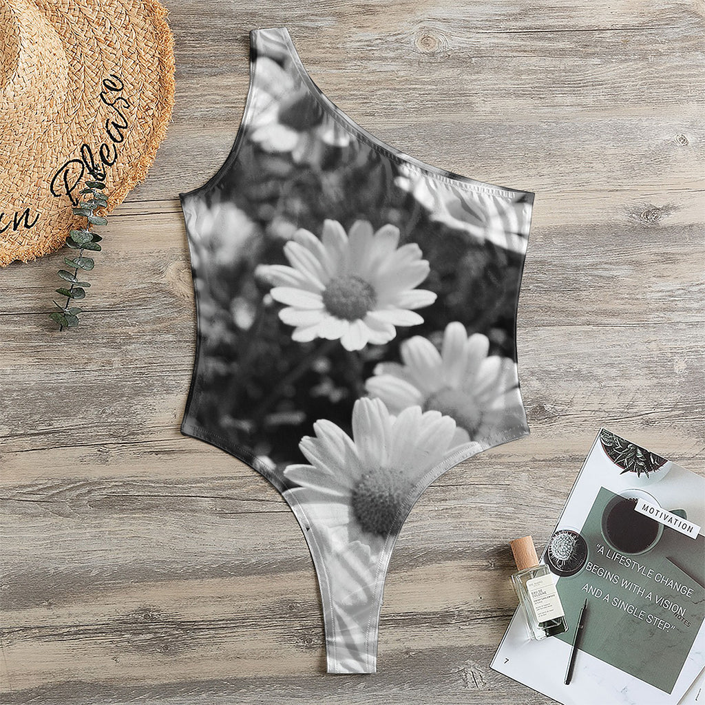 Monochrome Daisy Flower Print One Shoulder Bodysuit