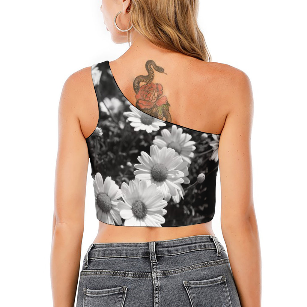 Monochrome Daisy Flower Print One Shoulder Crop Top