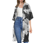 Monochrome Daisy Flower Print Open Front Beach Cover Up