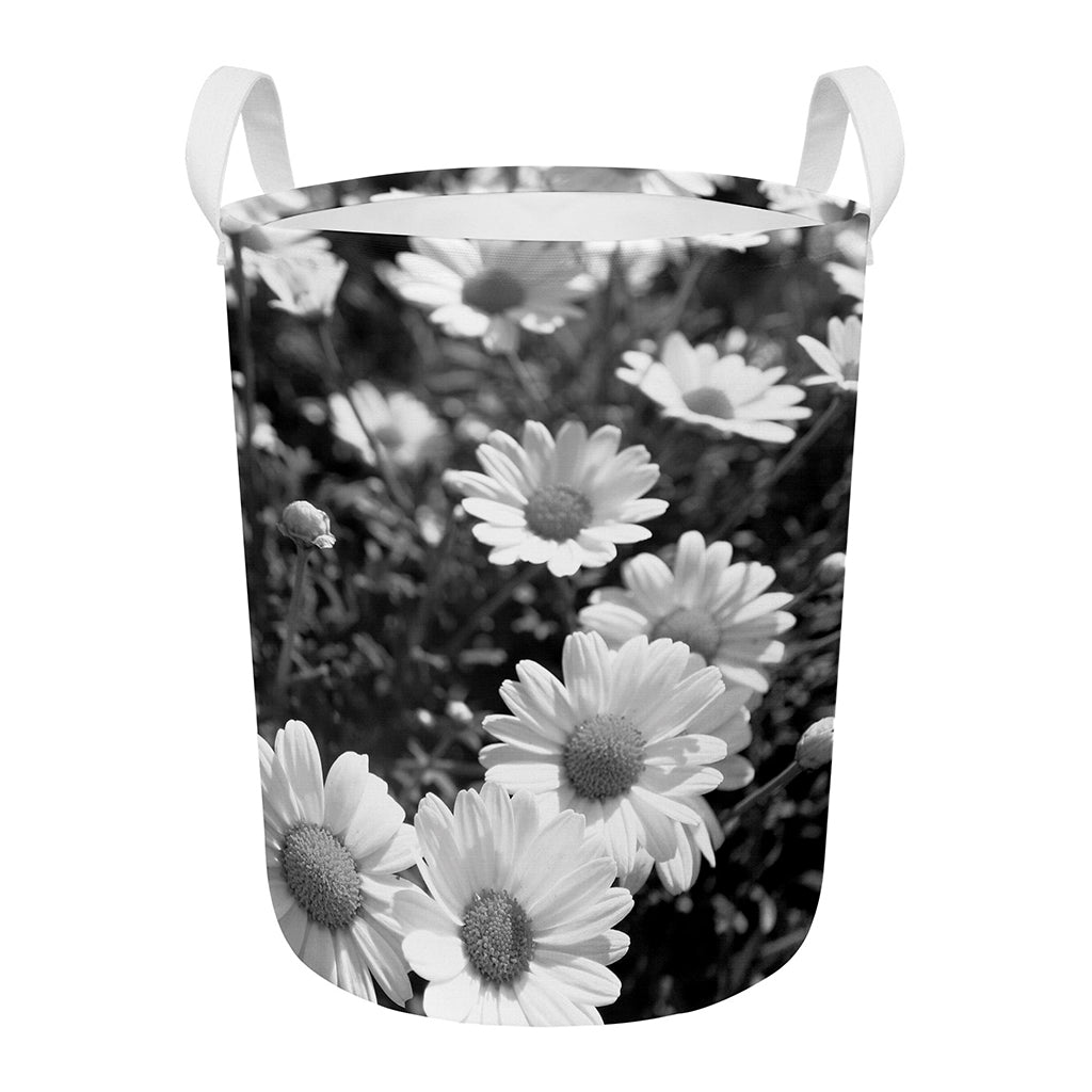 Monochrome Daisy Flower Print Round Laundry Basket