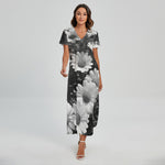 Monochrome Daisy Flower Print Short Sleeve Maxi Dress