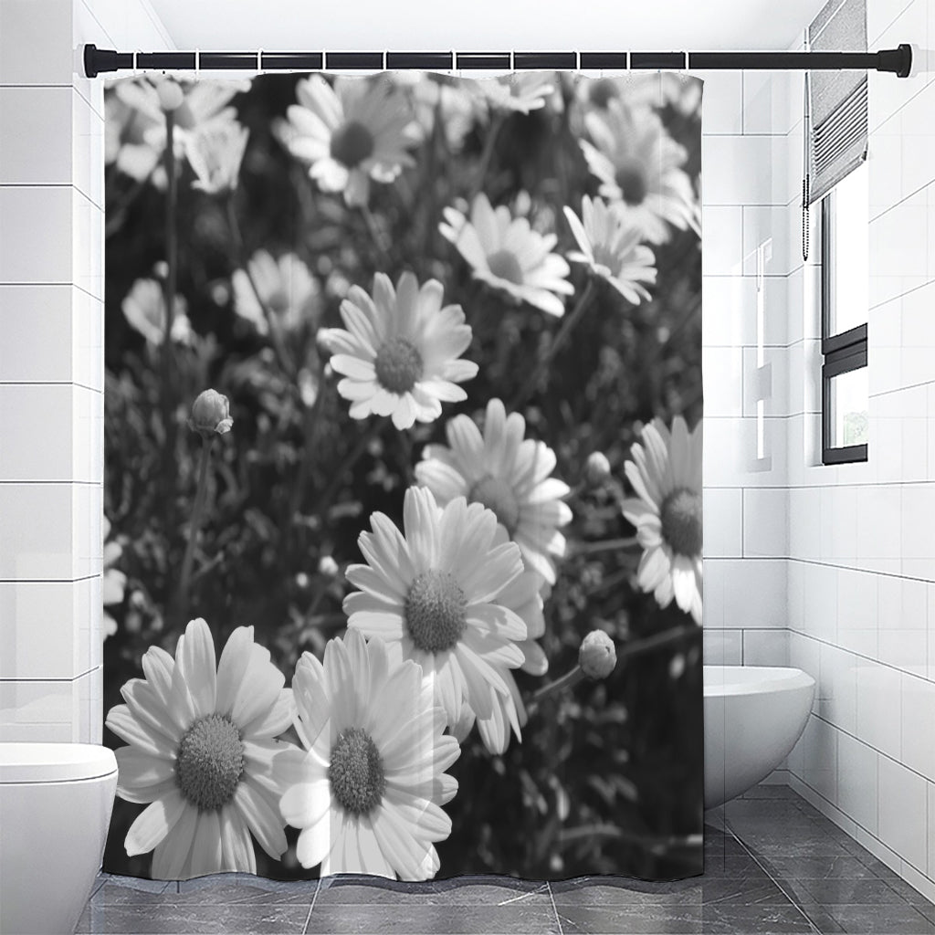 Monochrome Daisy Flower Print Shower Curtain