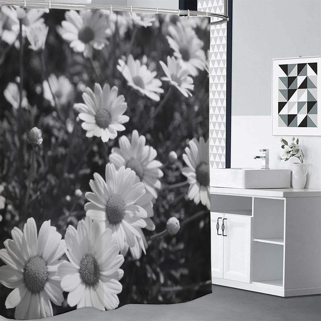 Monochrome Daisy Flower Print Shower Curtain