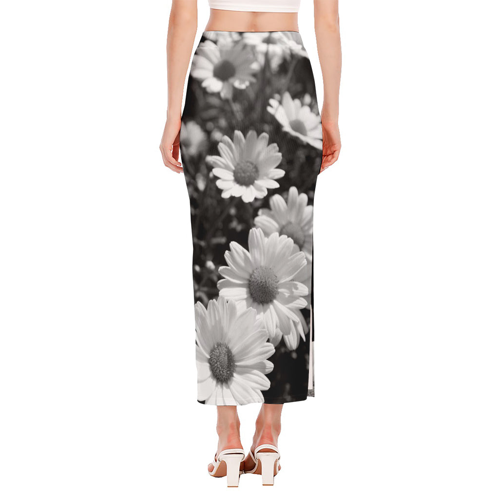 Monochrome Daisy Flower Print Side Slit Maxi Skirt