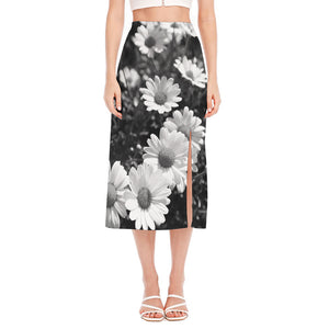 Monochrome Daisy Flower Print Side Slit Midi Skirt