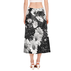 Monochrome Daisy Flower Print Side Slit Midi Skirt