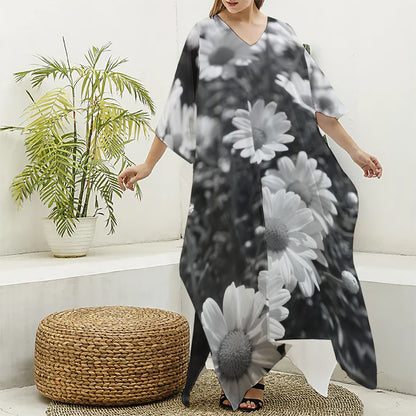 Monochrome Daisy Flower Print Silk V-Neck Kaftan Dress