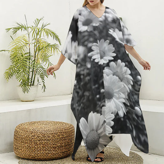 Monochrome Daisy Flower Print Silk V-Neck Kaftan Dress