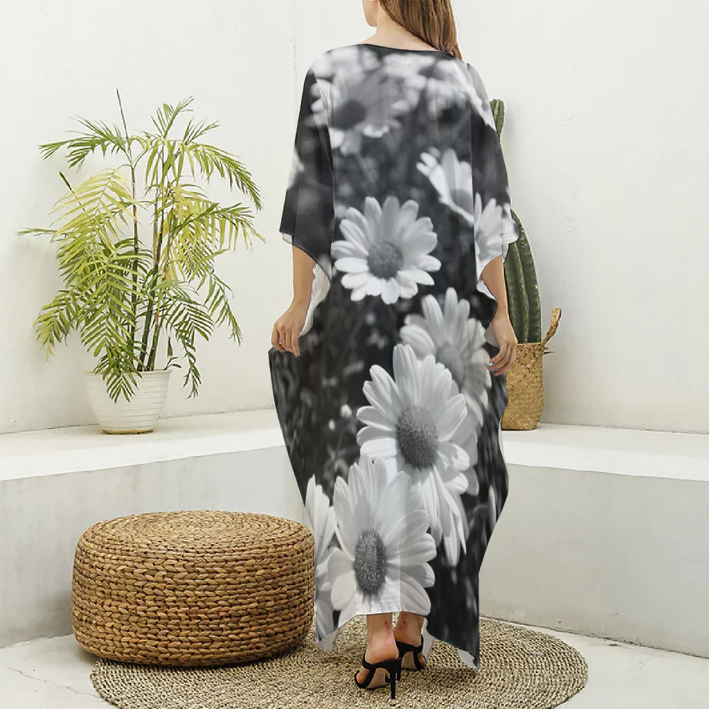 Monochrome Daisy Flower Print Silk V-Neck Kaftan Dress
