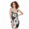 Monochrome Daisy Flower Print Sleeveless Bodycon Dress