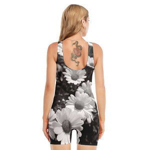 Monochrome Daisy Flower Print Sleeveless One Piece Swimsuit