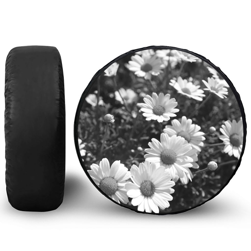 Monochrome Daisy Flower Print Tire Cover