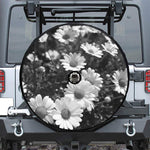 Monochrome Daisy Flower Print Tire Cover With Camera Hole