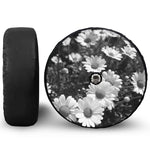 Monochrome Daisy Flower Print Tire Cover With Camera Hole