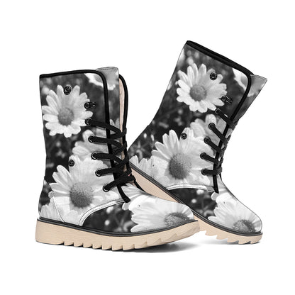Monochrome Daisy Flower Print Winter Boots