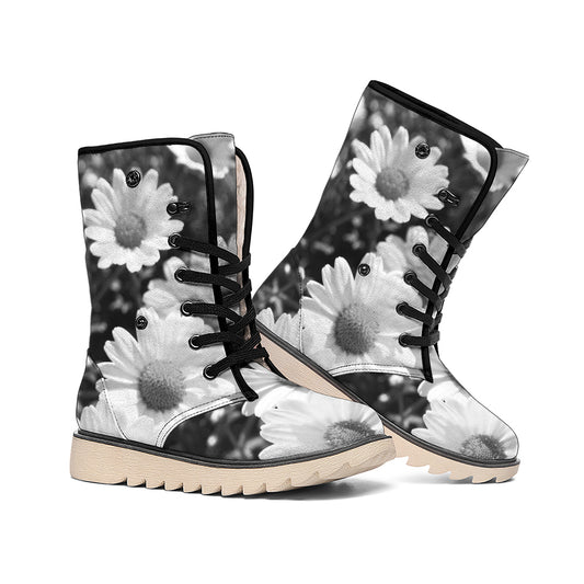 Monochrome Daisy Flower Print Winter Boots