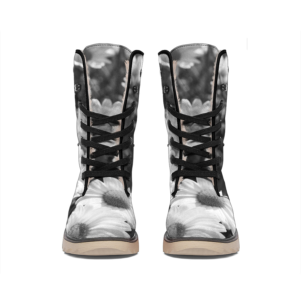Monochrome Daisy Flower Print Winter Boots