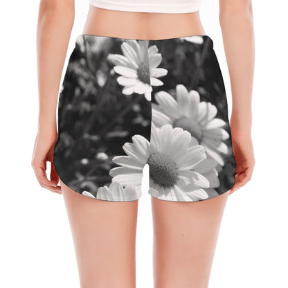 Monochrome Daisy Flower Print Women's Split Running Shorts