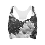 Monochrome Daisy Flower Print Women's Sports Bra
