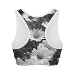 Monochrome Daisy Flower Print Women's Sports Bra