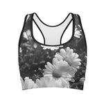 Monochrome Daisy Flower Print Women's Sports Bra