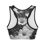 Monochrome Daisy Flower Print Women's Sports Bra
