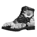 Monochrome Daisy Flower Print Padded Collar Lace Up Boots