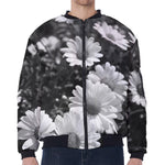 Monochrome Daisy Flower Print Zip Sleeve Bomber Jacket
