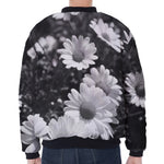 Monochrome Daisy Flower Print Zip Sleeve Bomber Jacket