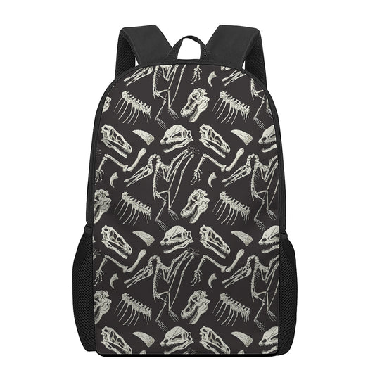 Monochrome Dinosaur Fossil Pattern Print 17 Inch Backpack