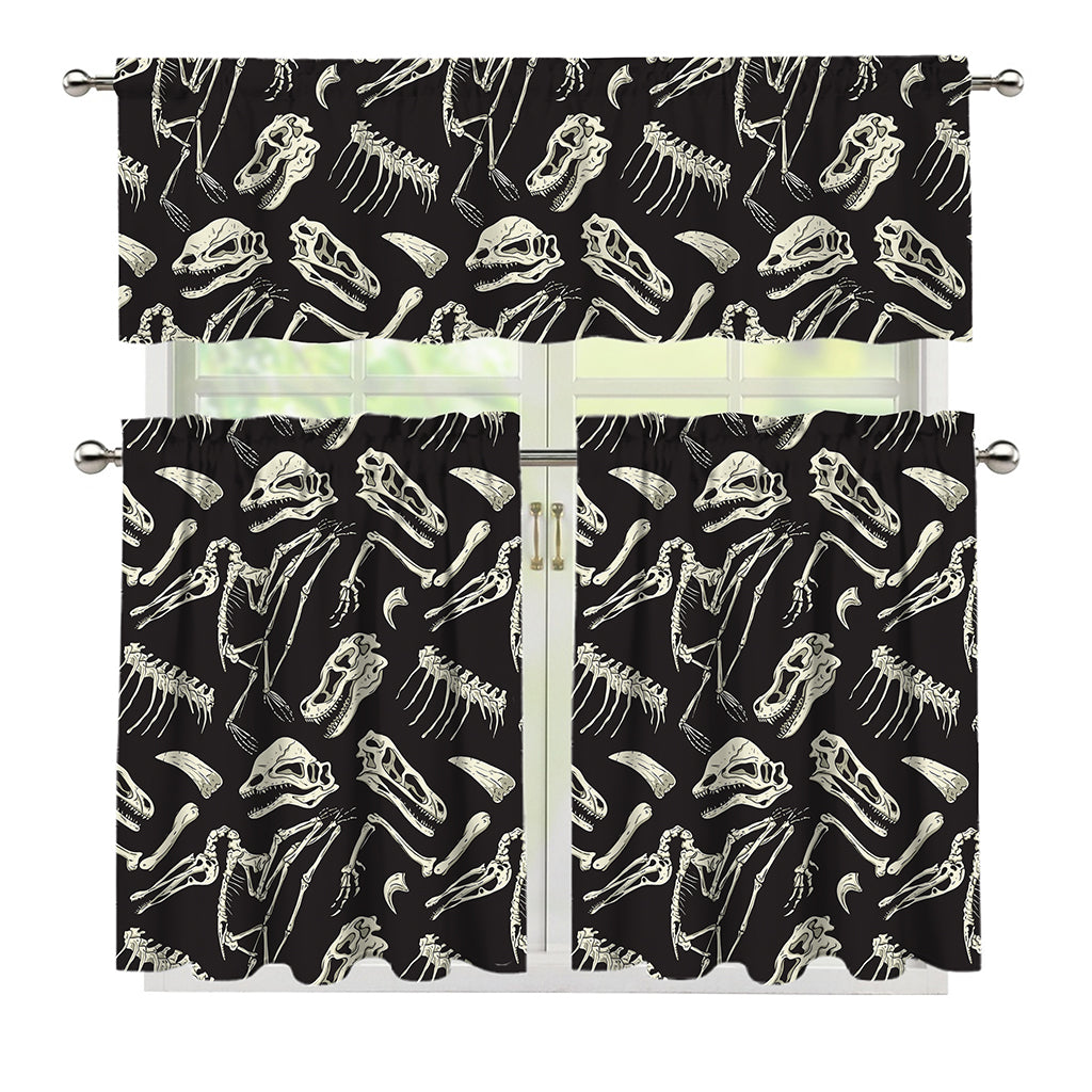 Monochrome Dinosaur Fossil Pattern Print 3 Piece Kitchen Curtains